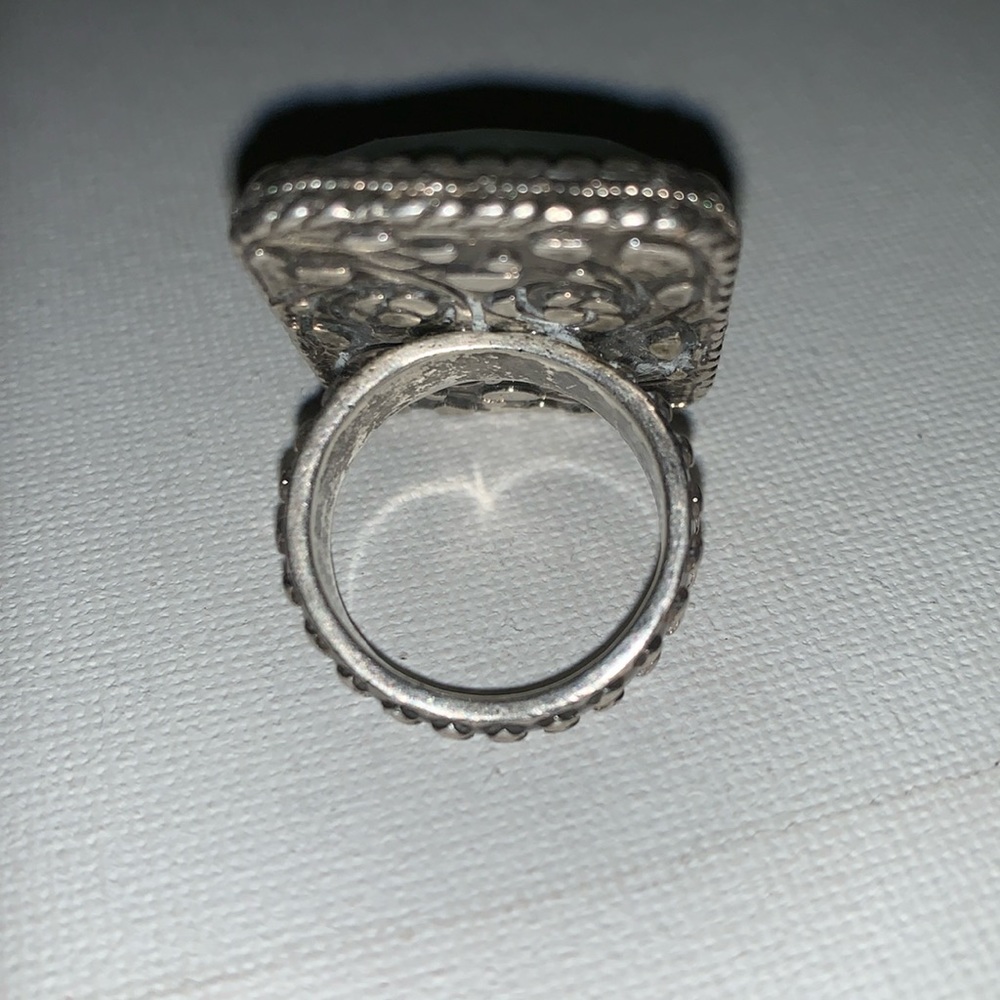Antiqued Jade & Silver Ornamental Statement Ring size 8/8.5” Victorian Style - Picture 3 of 12